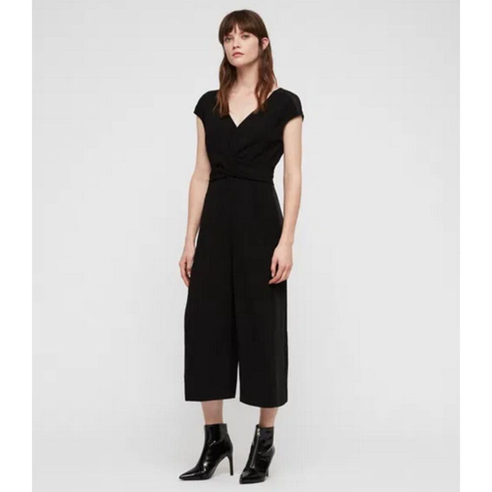 All Saints Women's Flynn S Black Crepe Sleeveless Crop Wide Leg‎ Drape Jumpsuit